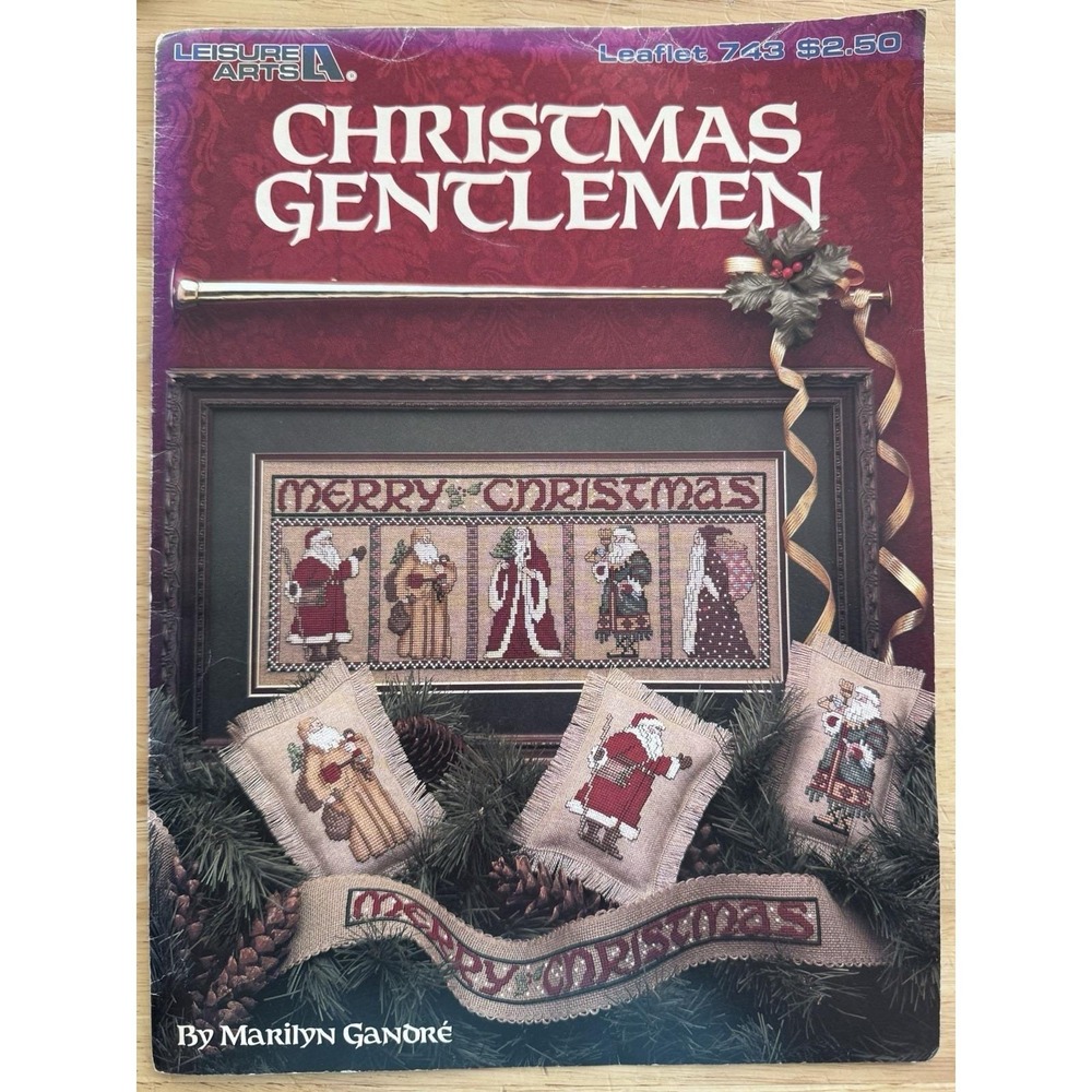 Leisure Arts Christmas Gentlemen Cross Stitch Pattern Leaflet w Linen & Threads